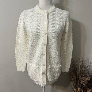 Vtg 70s Traditions by Duet Wintuk Cardigan Women Cream Ivory Knit Sz M ?! Flaw